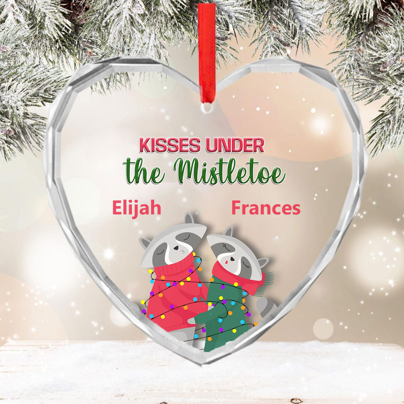 Kisses Under the Mistletoe | Raccoon Couple Christmas | Glass Ornament